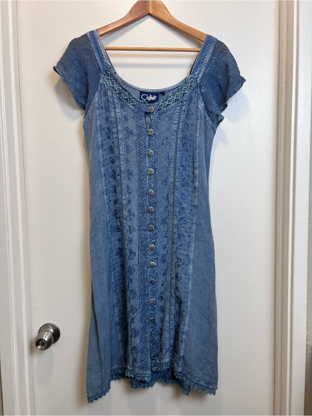 Coline France Embroidered Boho Midi Dress Blue Viscose Cottagecore M